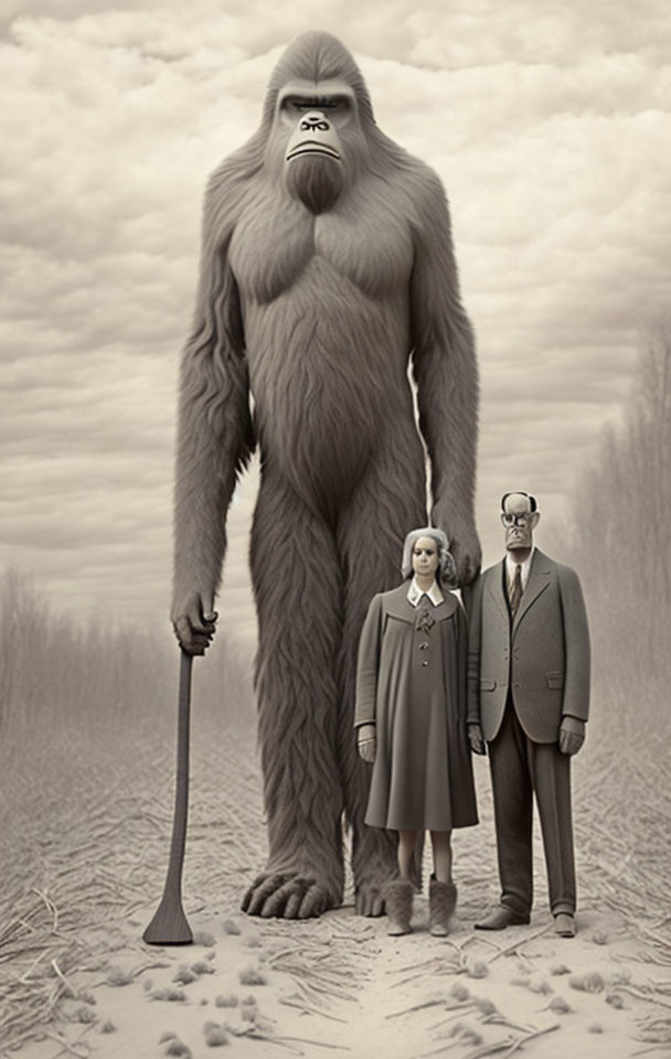 Monochrome illustration of giant gorilla with club, small man and woman in sparse landscape