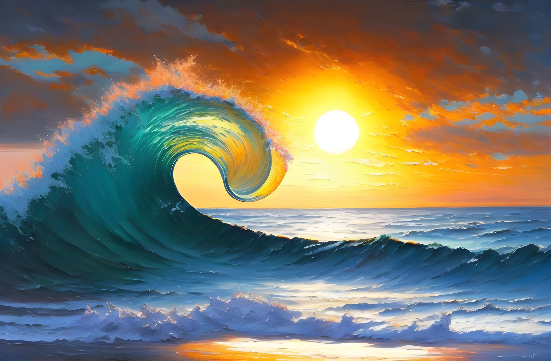 Vibrant sunset over ocean with large curling wave and orange-blue sky