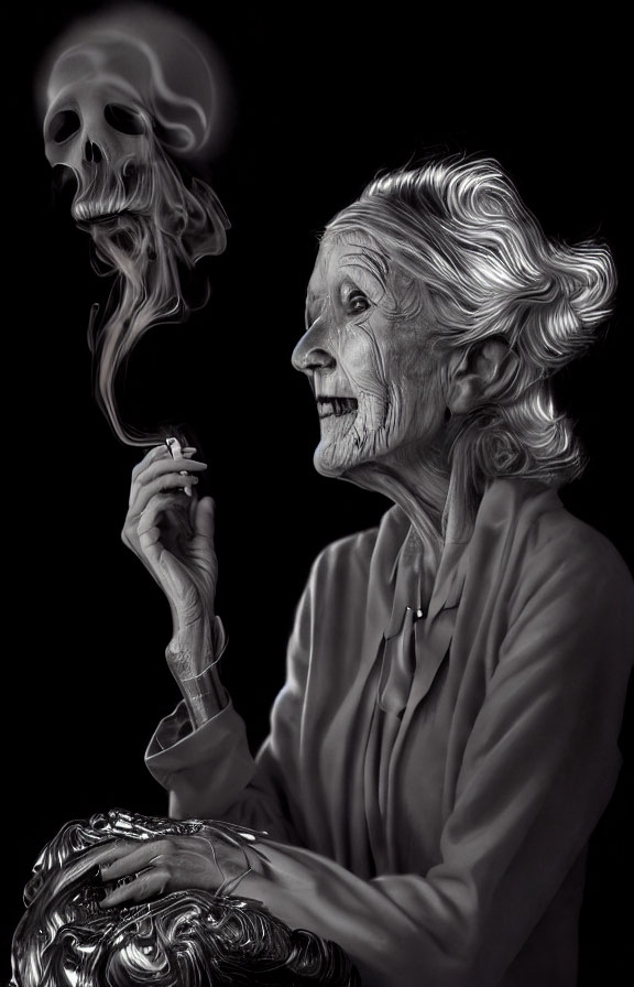 Elderly woman holding smoking object with skull smoke in black and white