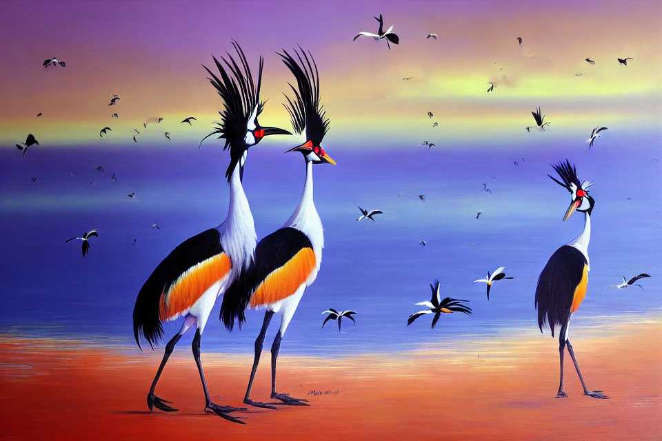 Colorful landscape with two crowned cranes and flying birds