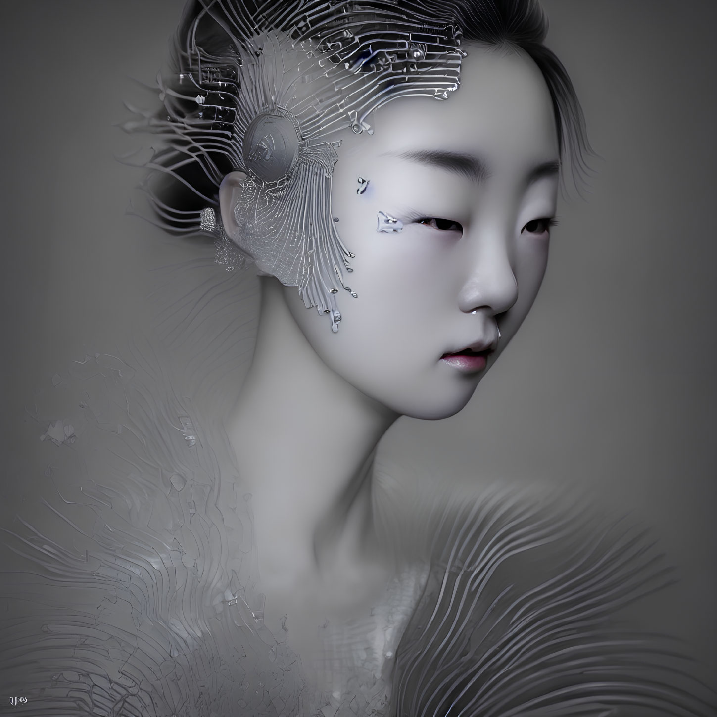 Monochrome digital art: person with futuristic headset and intricate skin patterns