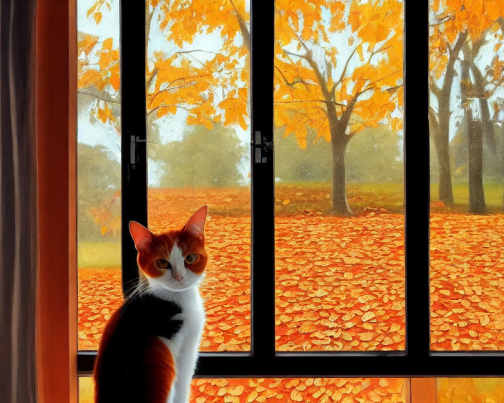 Orange and white cat by window with autumn landscape view