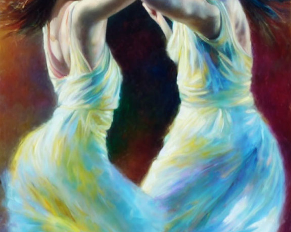 Two women dancing in yellow dresses against colorful background