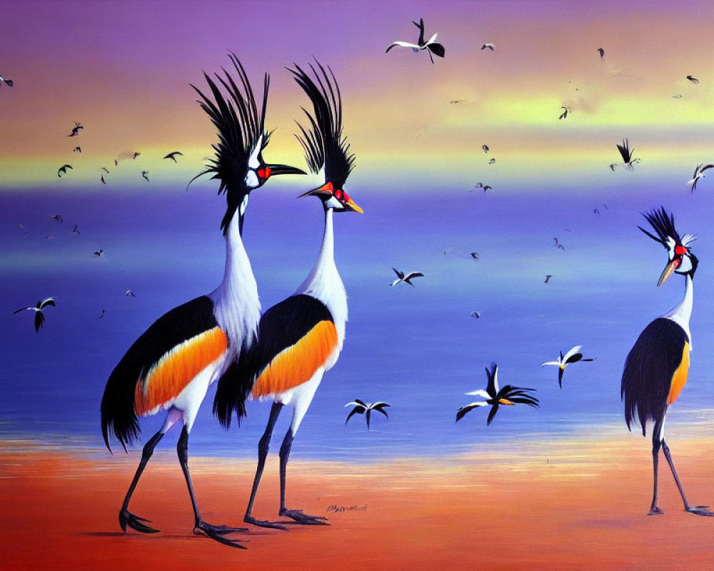 Colorful landscape with two crowned cranes and flying birds