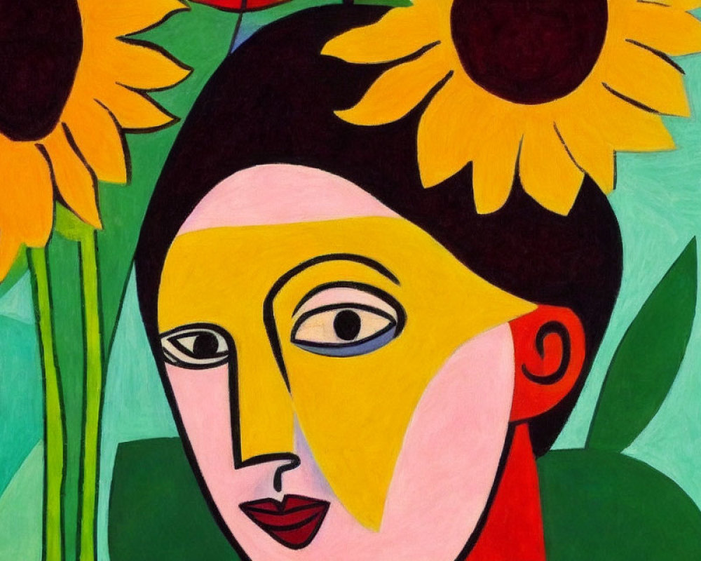 Stylized face with sunflowers in abstract painting