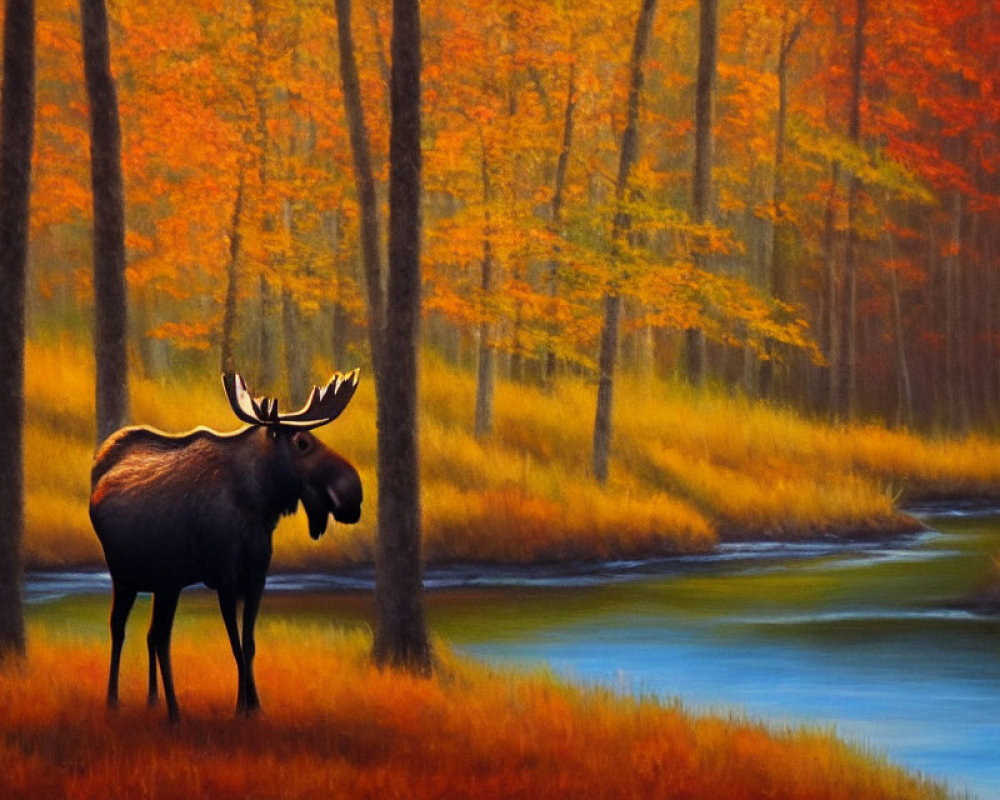 Moose in Vibrant Autumn Forest by Blue River