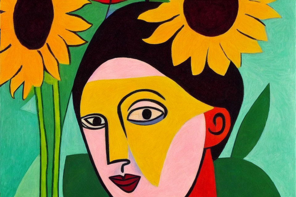 Stylized face with sunflowers in abstract painting