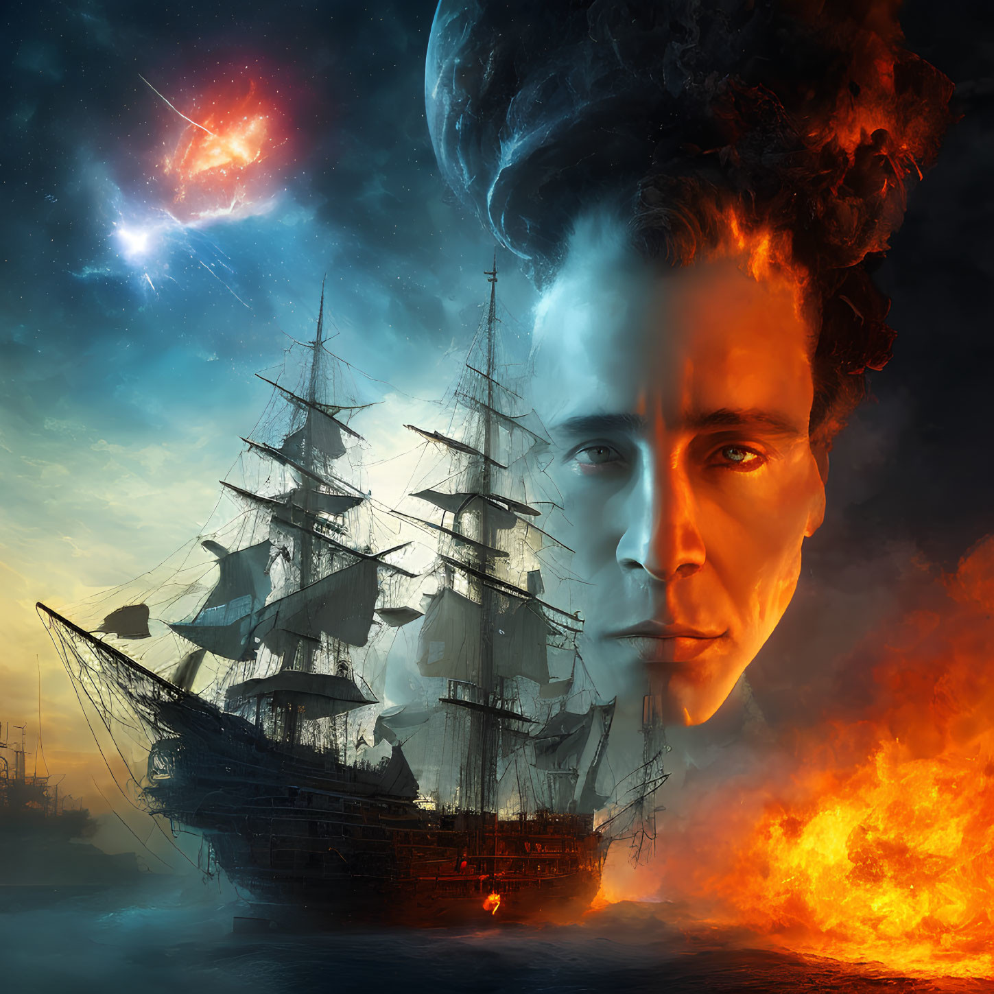 Composite image of fiery sea, sail ship, man's face, and cosmic backdrop.
