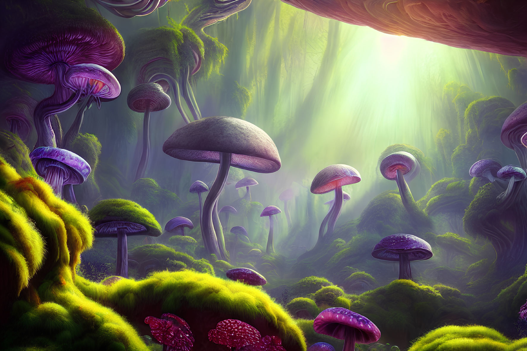 Fantasy forest with oversized purple and red mushrooms under a green canopy