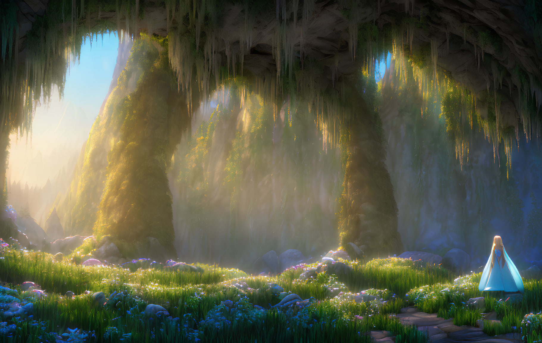 Person in cloak in mystical cave with sunbeams and vibrant flora.