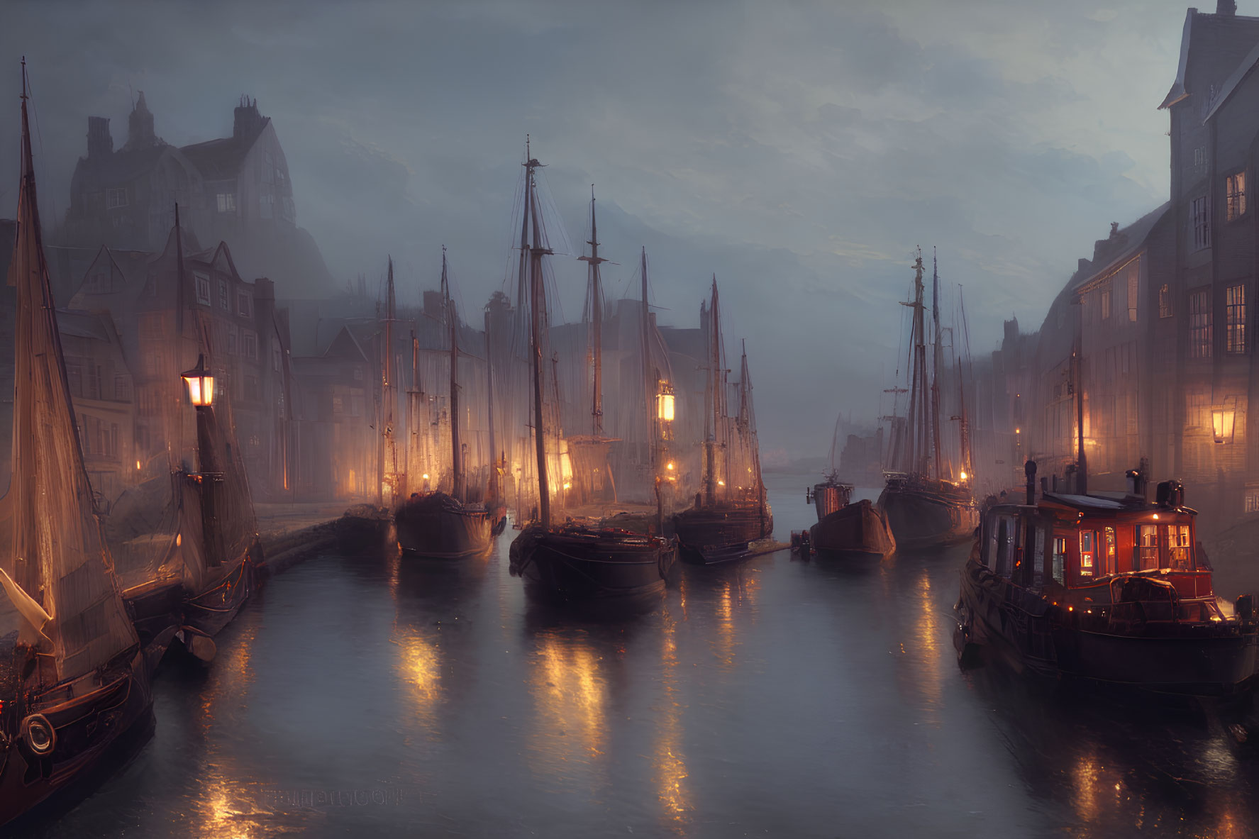 Vintage ships and illuminated lanterns in misty harbor at dusk