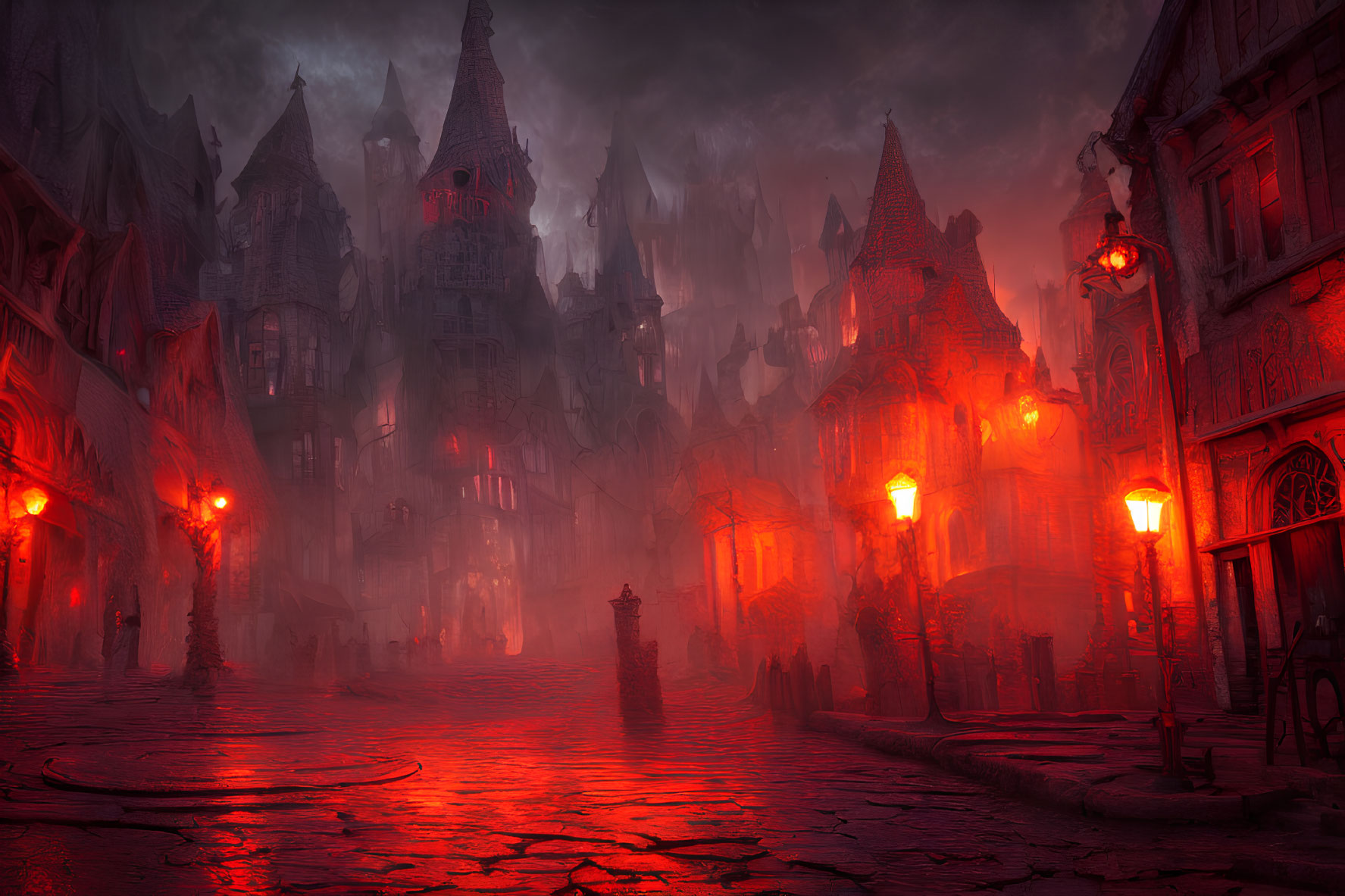 Gothic architecture and red lanterns in foggy street