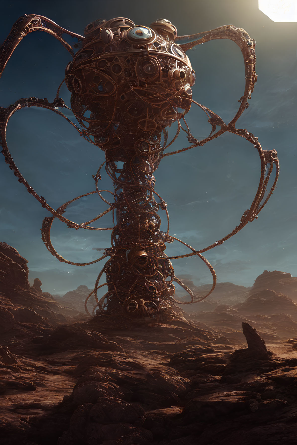 Intricate mechanical structure with tentacle-like appendages in rocky desert landscape