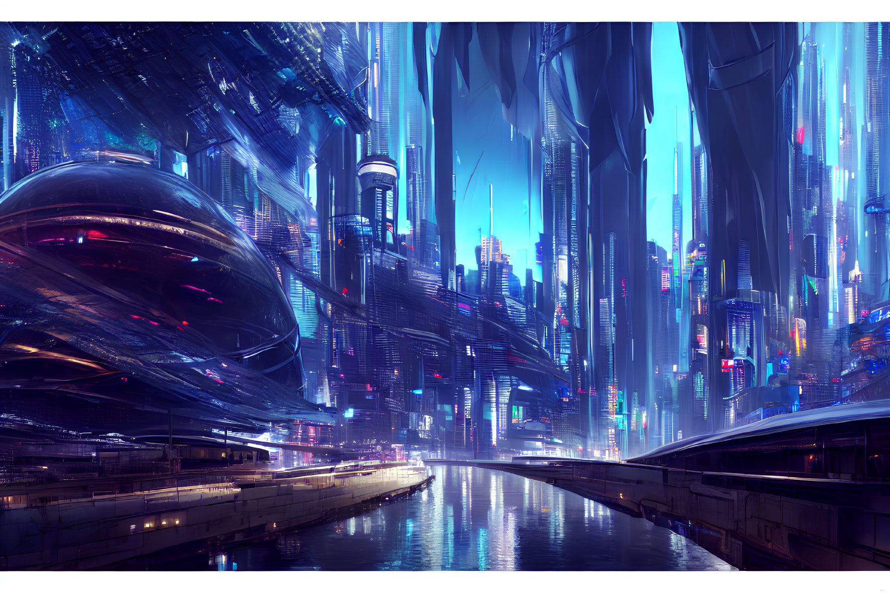 Futuristic cityscape with skyscrapers, neon lights, and twilight sky