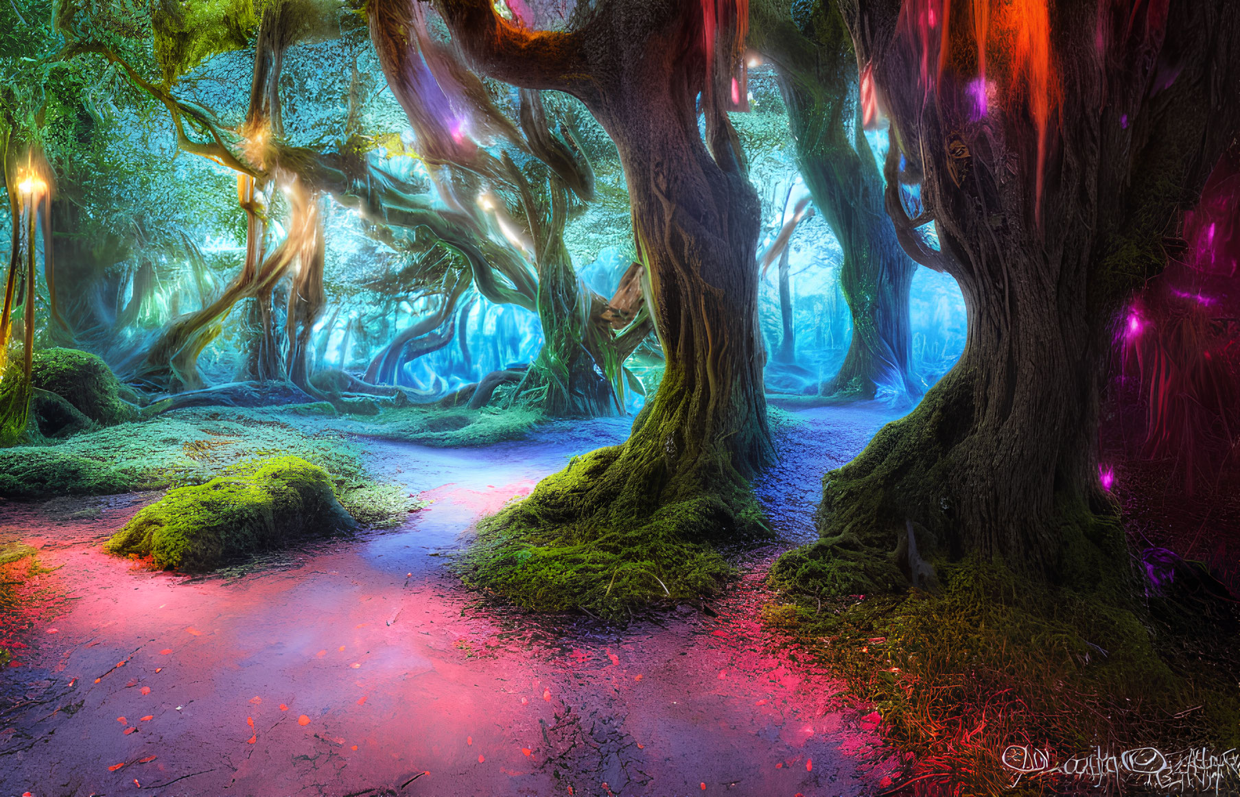 Mystical Enchanted Forest with Twisted Trees and Glowing Lanterns