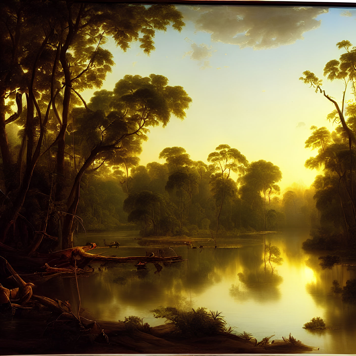 Tranquil golden landscape with calm river and lush trees