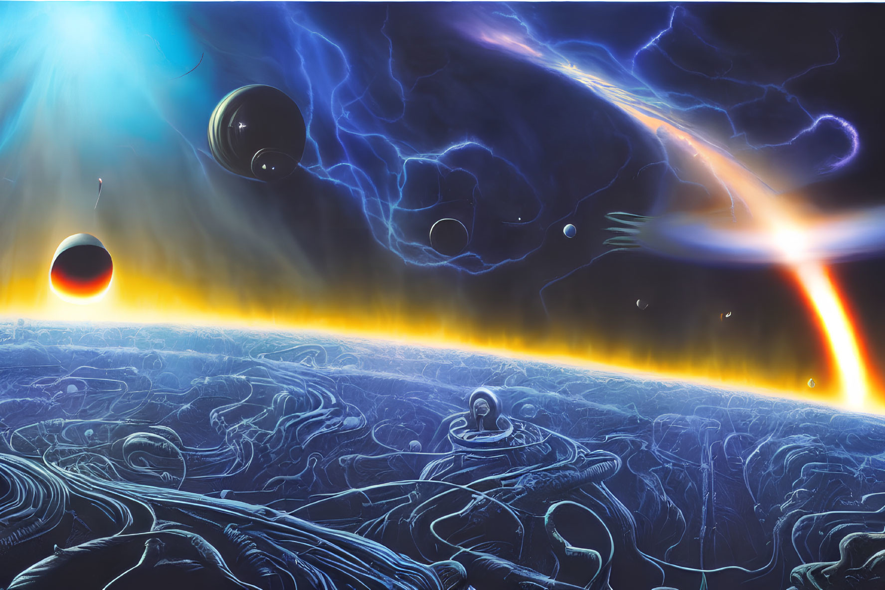 Surreal outer space landscape with planets, glowing horizon, and cosmic energy swirls