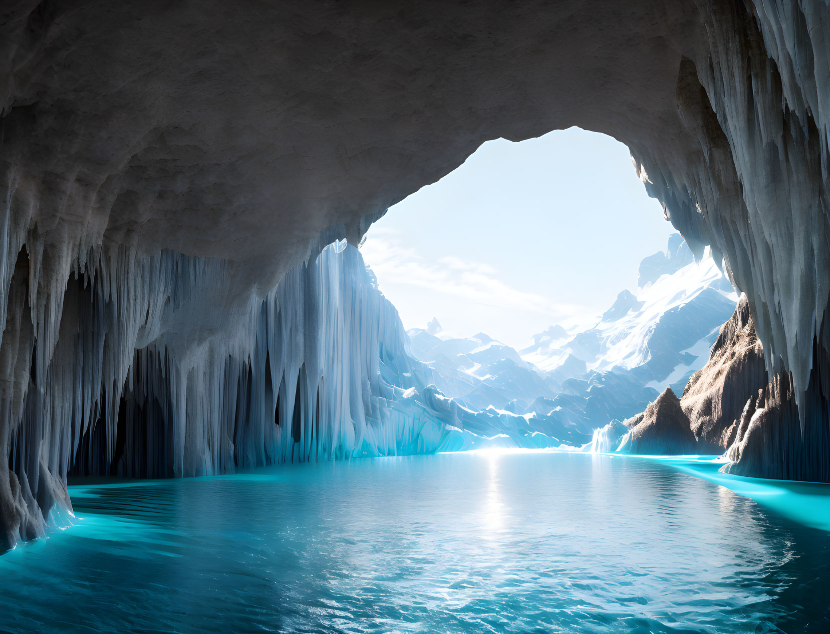 Glacier Cave with Turquoise Lake and Snow-Capped Mountains