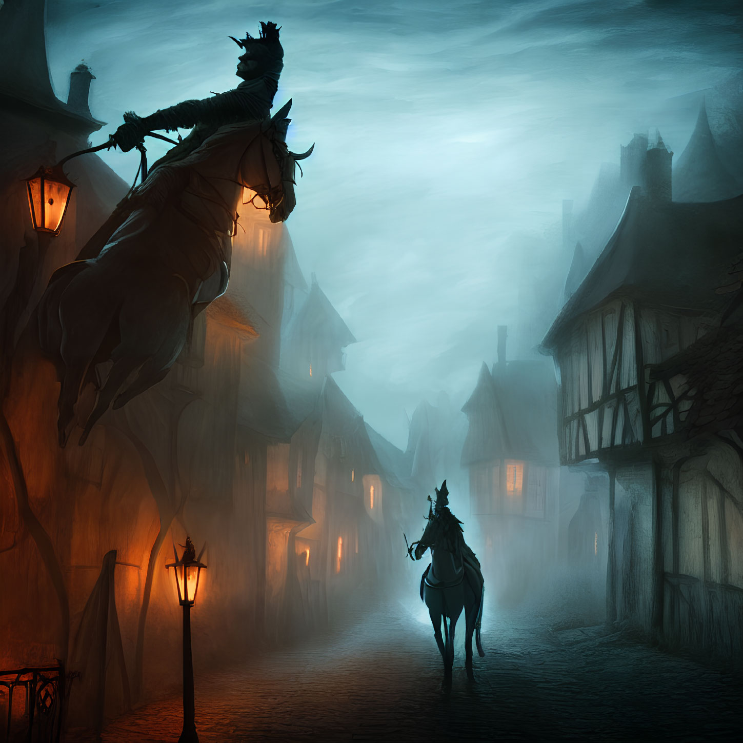 Ghostly Figure on Rearing Horse in Misty Medieval Village with Shadowy Rider and Lantern-lit