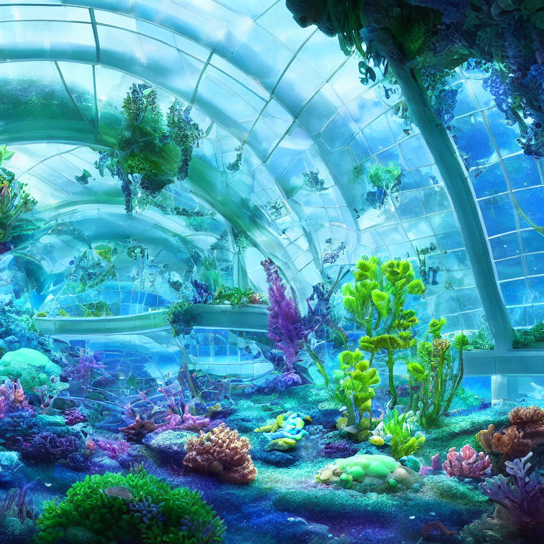 Colorful Coral, Aquatic Plants, and Fish in Futuristic Dome Aquarium