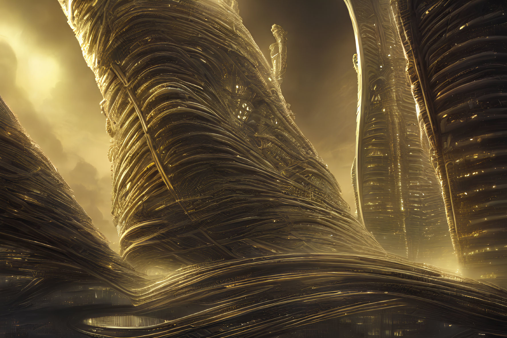 Golden Glow on Twisted Cityscape: Futuristic Urban Structures
