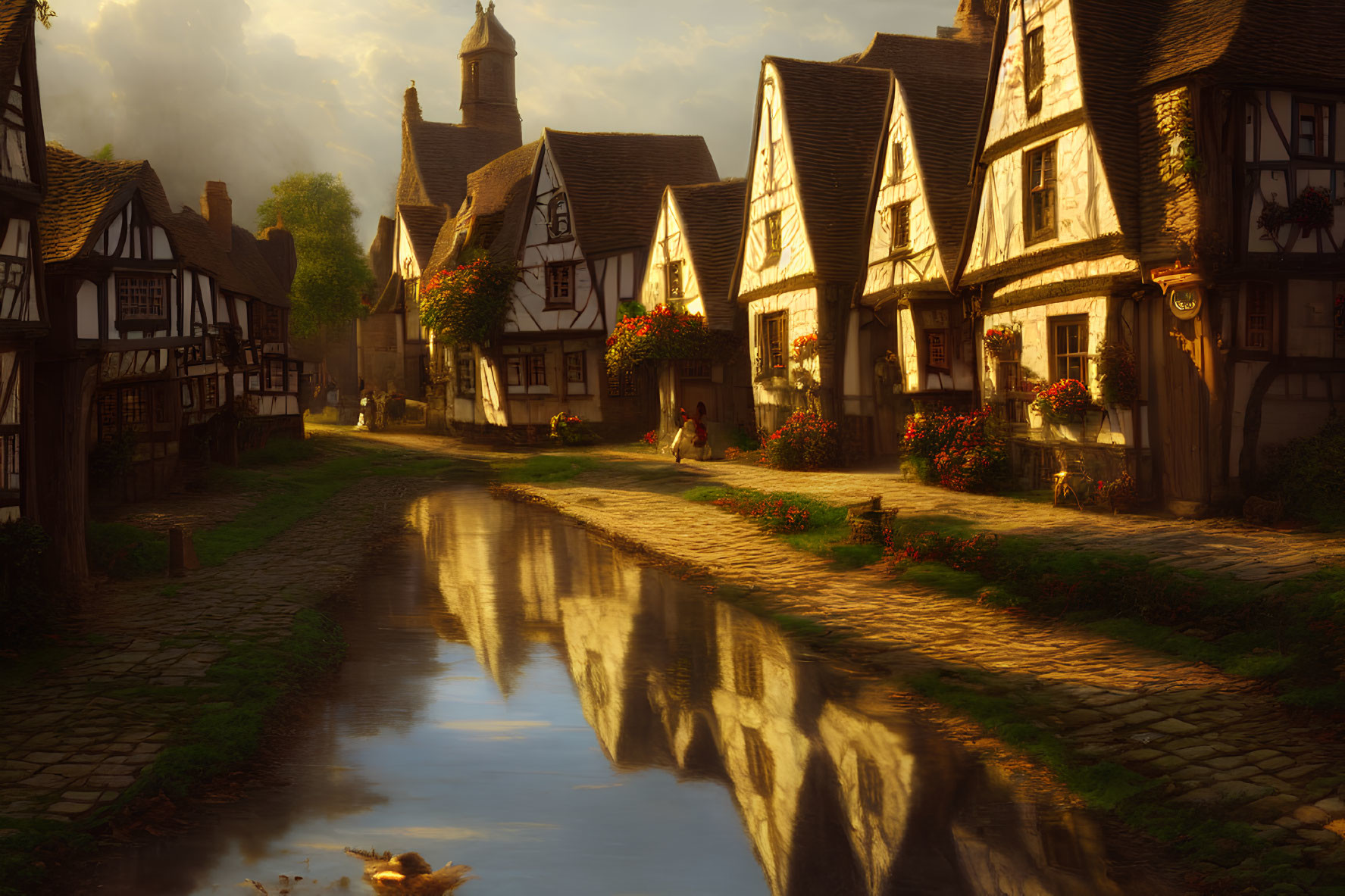 Charming village street at sunset with half-timbered houses and reflective stream