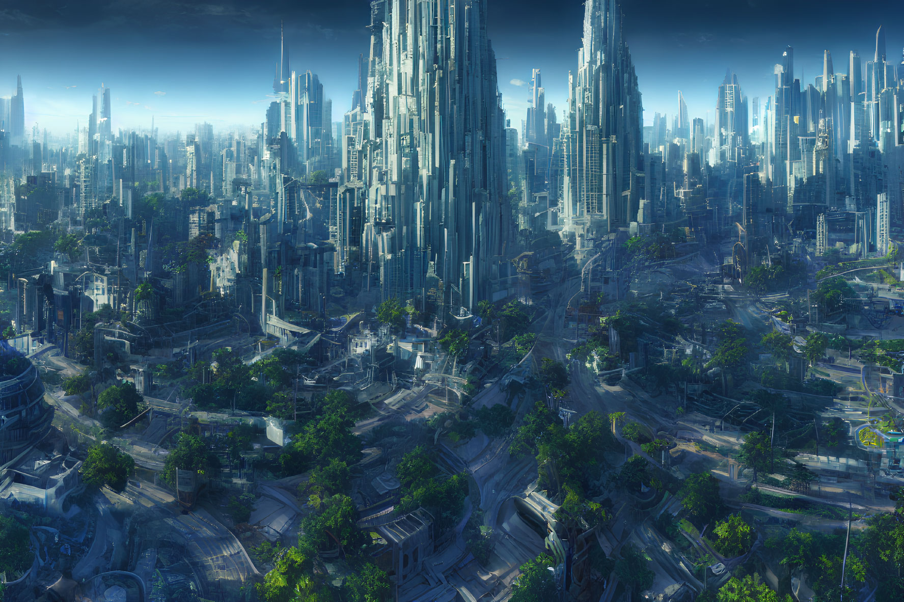 Futuristic cityscape with skyscrapers, greenery, and advanced infrastructure