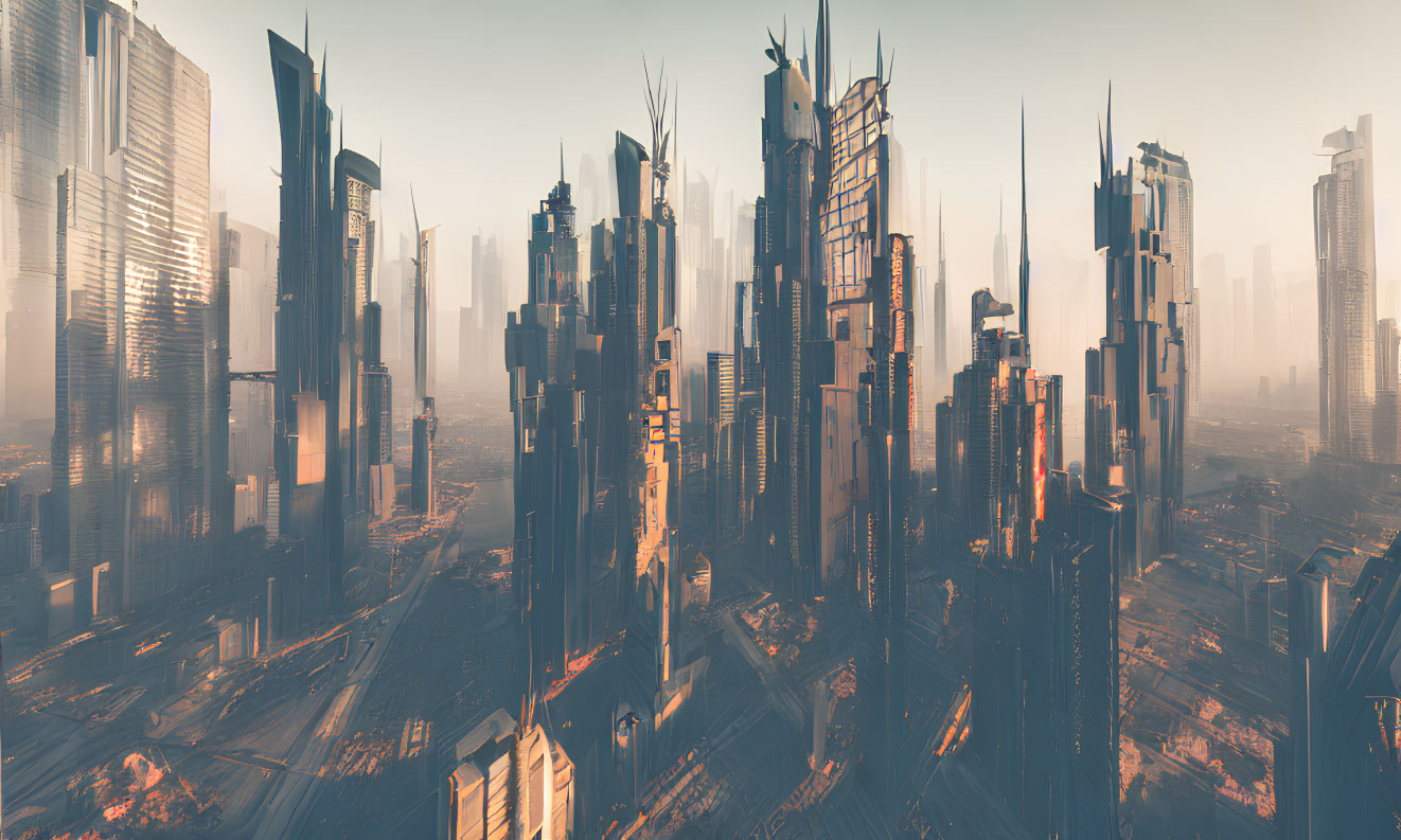 Futuristic cityscape with towering skyscrapers in golden sunlight