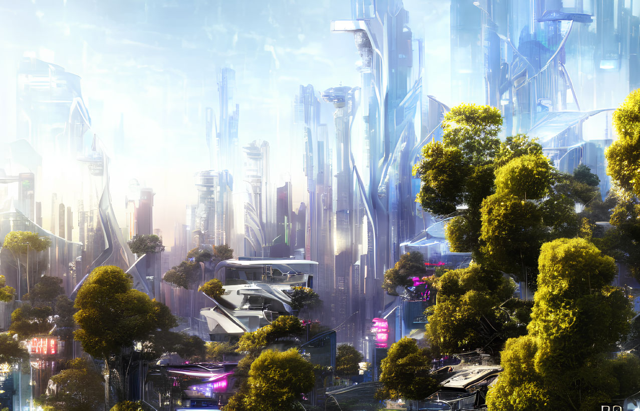 Futuristic cityscape with skyscrapers, lights, foliage, and flying vehicles in a h