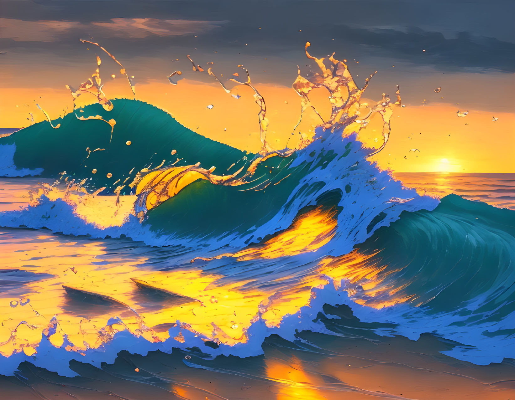 Vibrant ocean sunset scene with crashing waves and fiery reflections