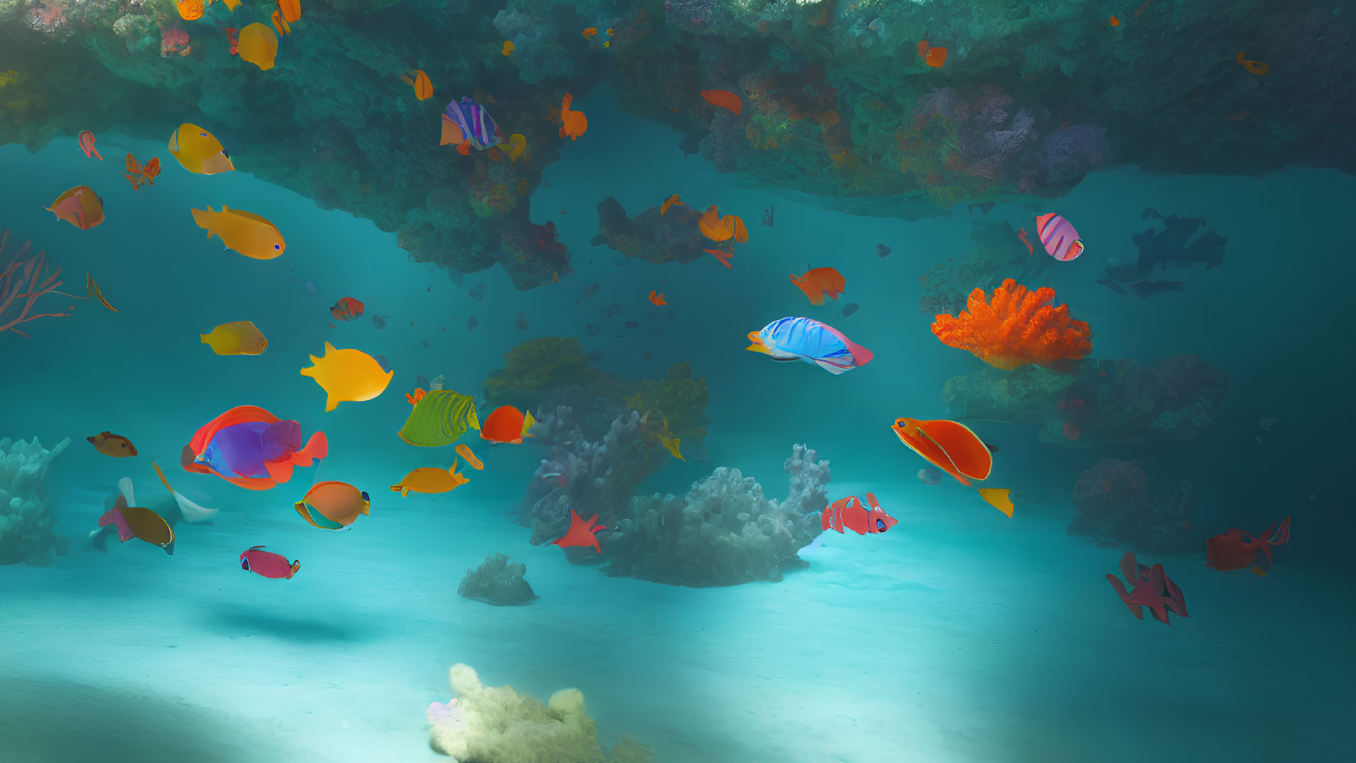 Colorful tropical fish and coral reefs in serene underwater scene