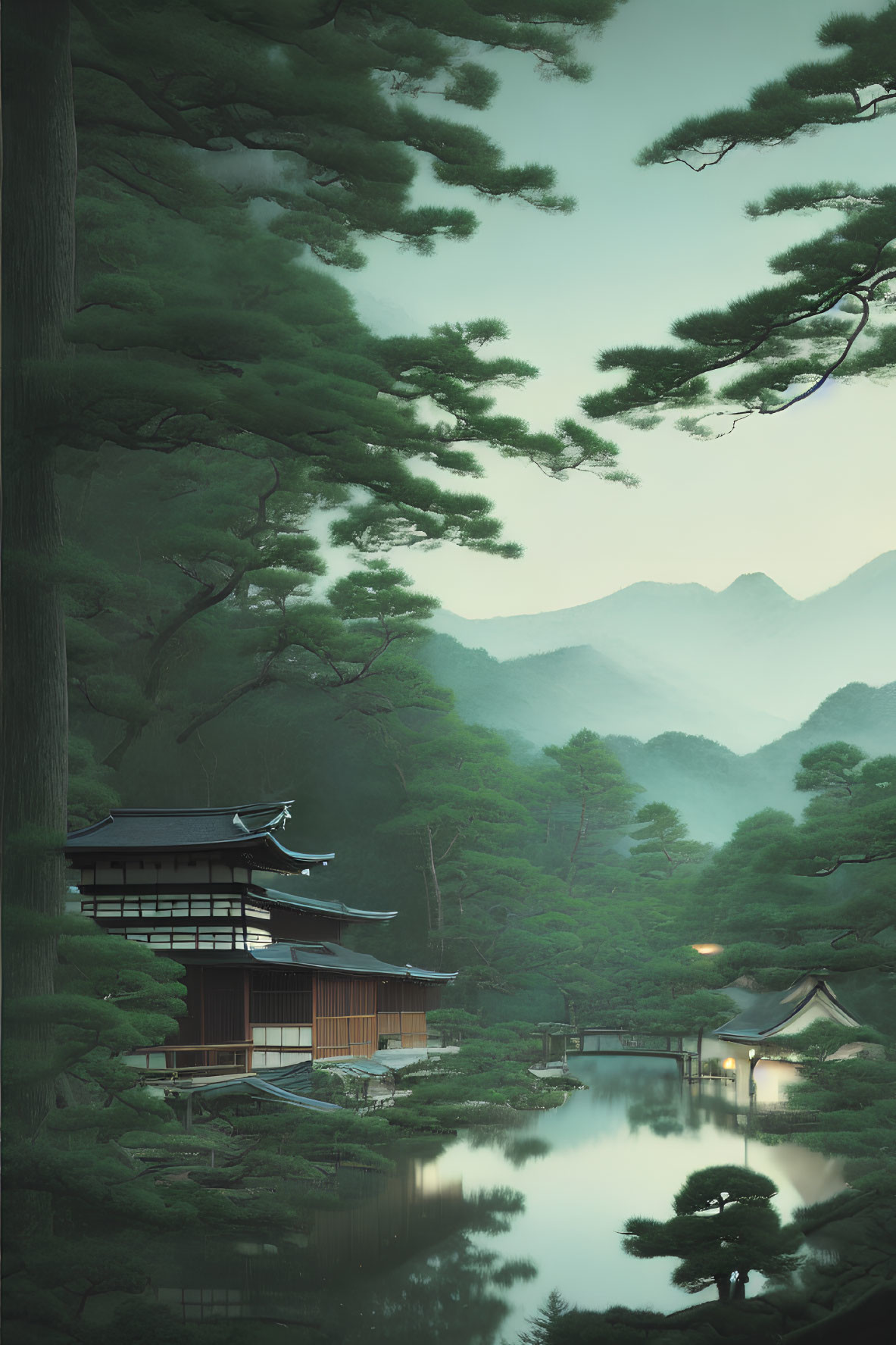 Japanese architecture with multi-tiered roof near lake and pine trees in misty forest.
