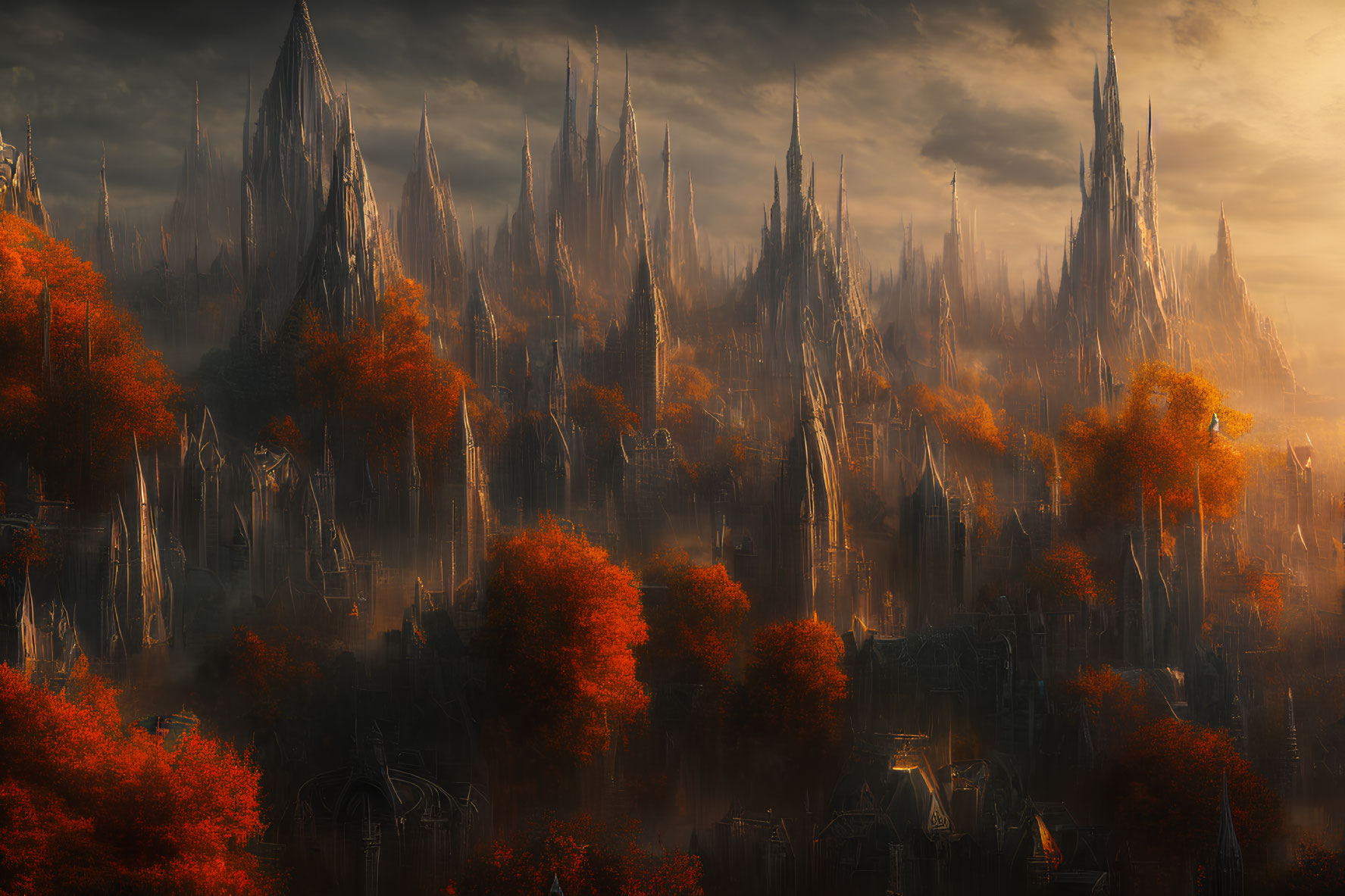 Fantasy landscape with towering spires and autumnal trees under warm, ethereal glow