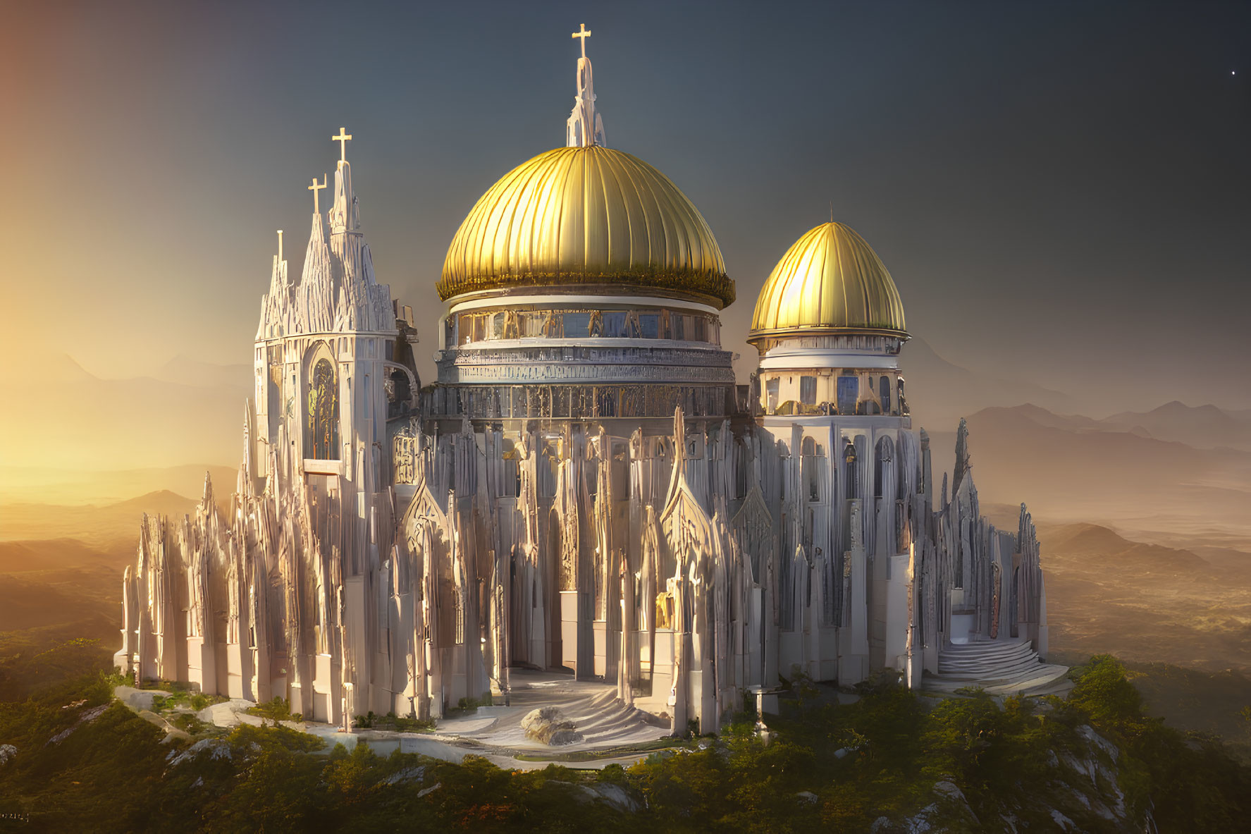 Ornate cathedral with twin golden domes atop hill at sunset