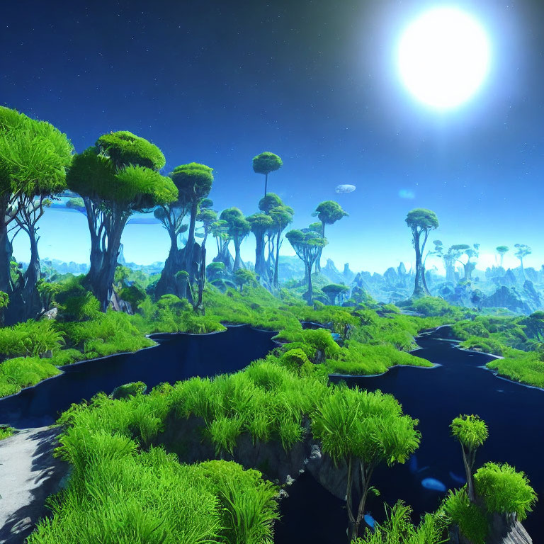 Vivid alien landscape with lush greenery and towering trees under a bright sun