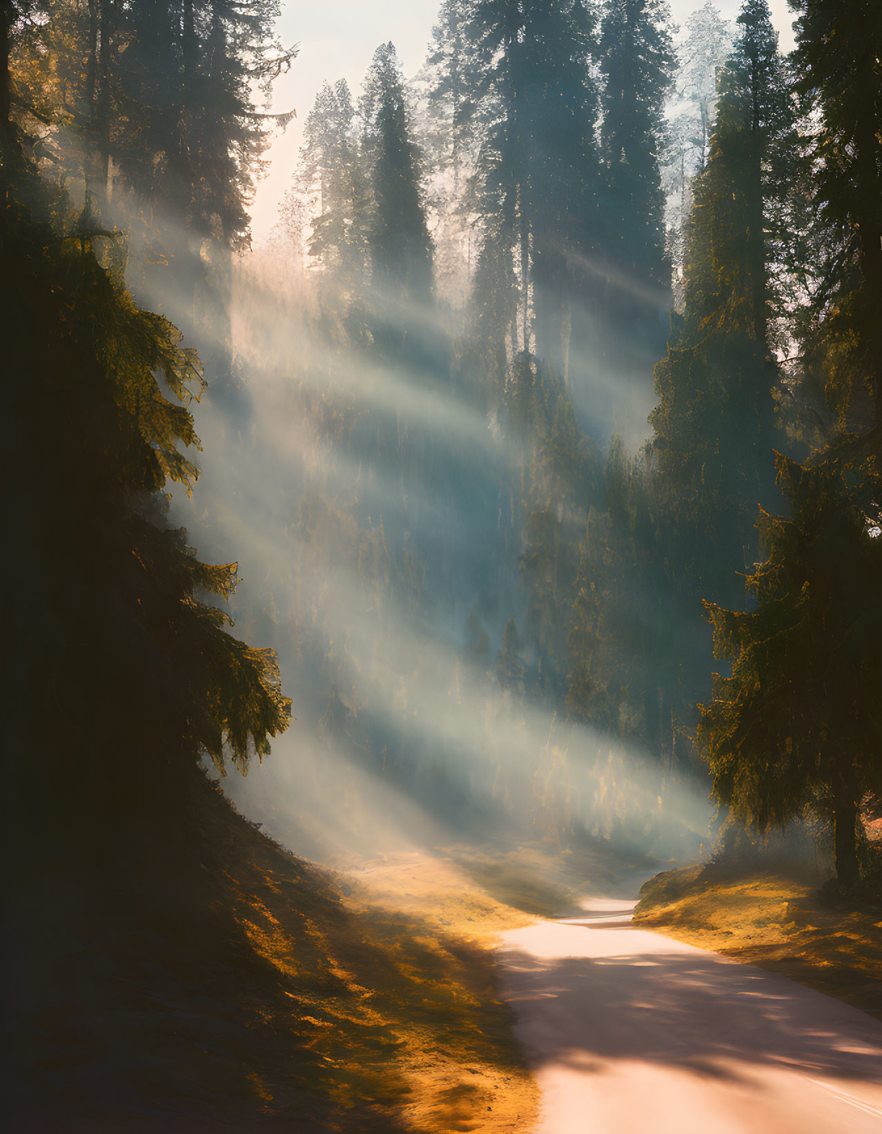 Forest scene: Sunlight through mist creates warm, ethereal glow