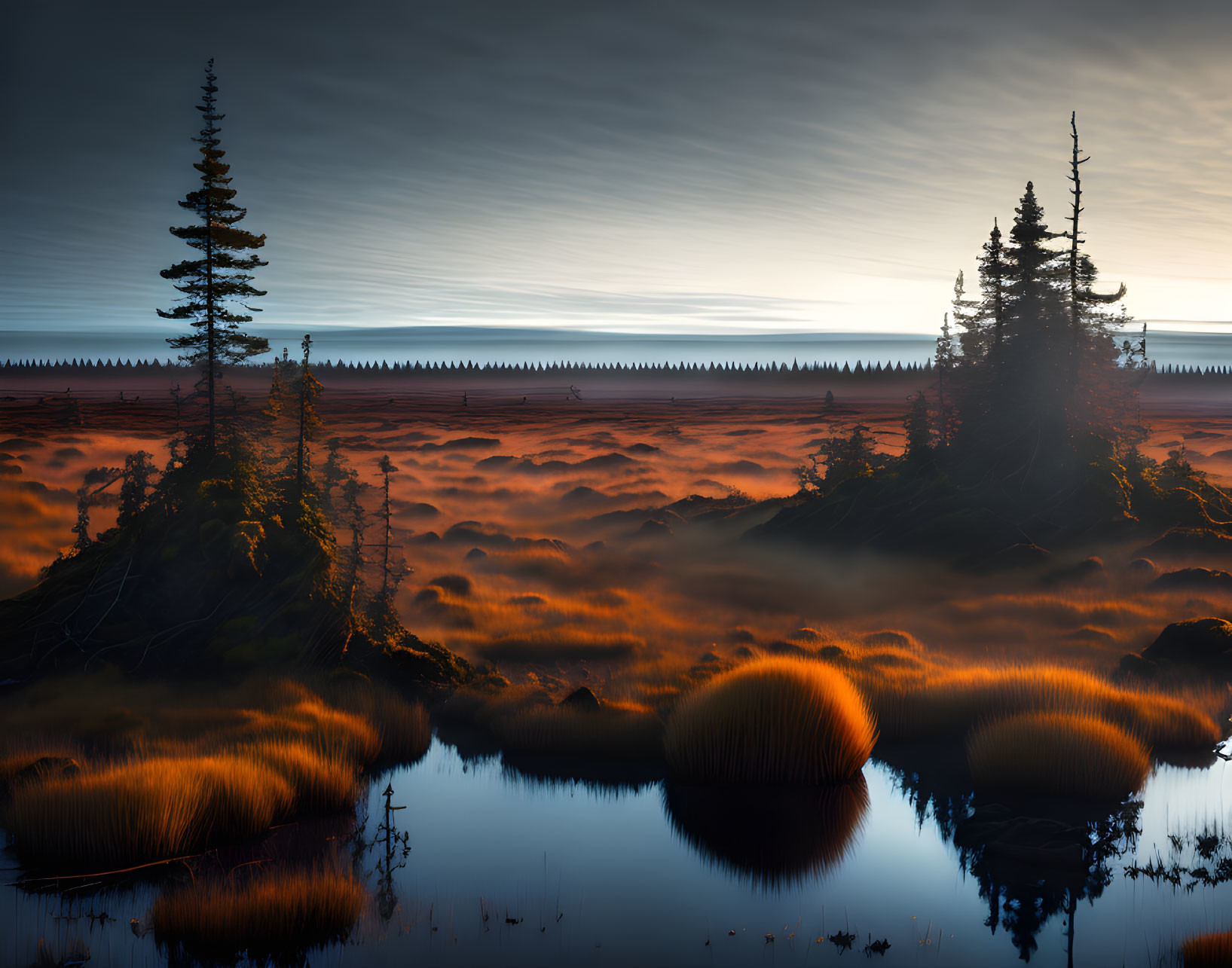 Tranquil landscape with coniferous trees reflected in still water under twilight sky