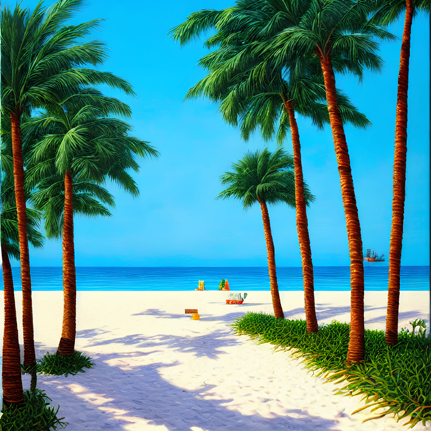 Tropical beach scene with palm trees, blue skies, white sand, and calm ocean