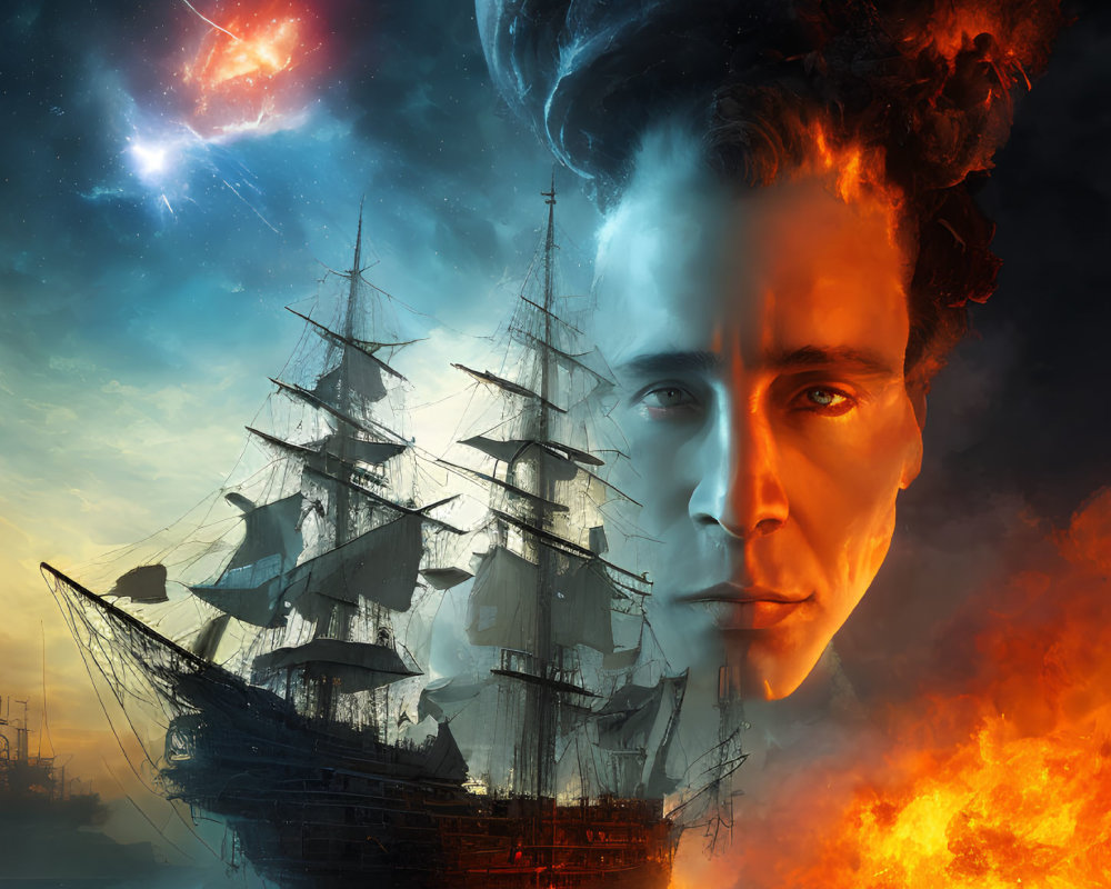 Composite image of fiery sea, sail ship, man's face, and cosmic backdrop.