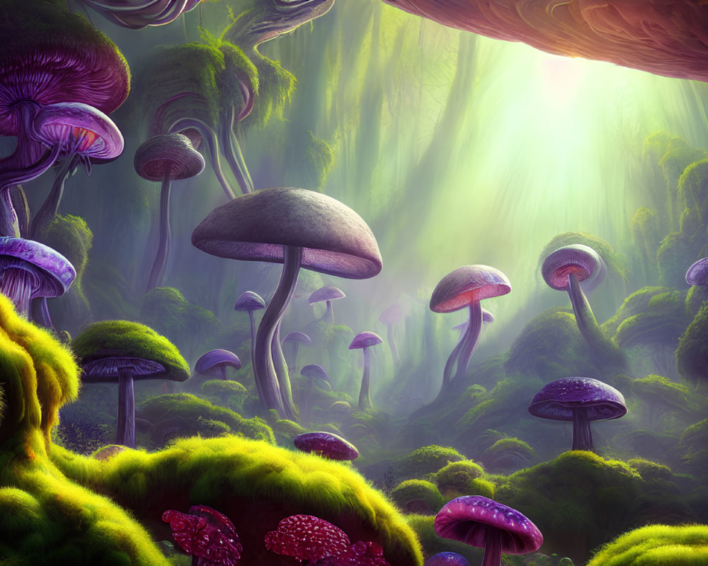 Fantasy forest with oversized purple and red mushrooms under a green canopy