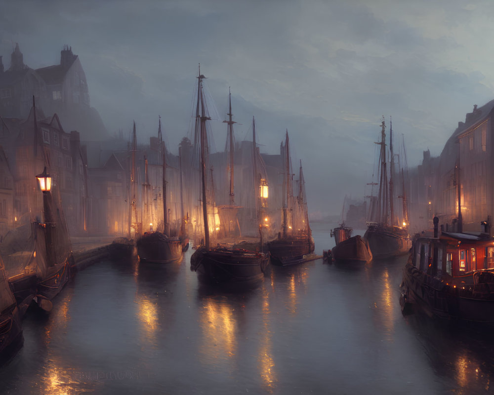 Vintage ships and illuminated lanterns in misty harbor at dusk
