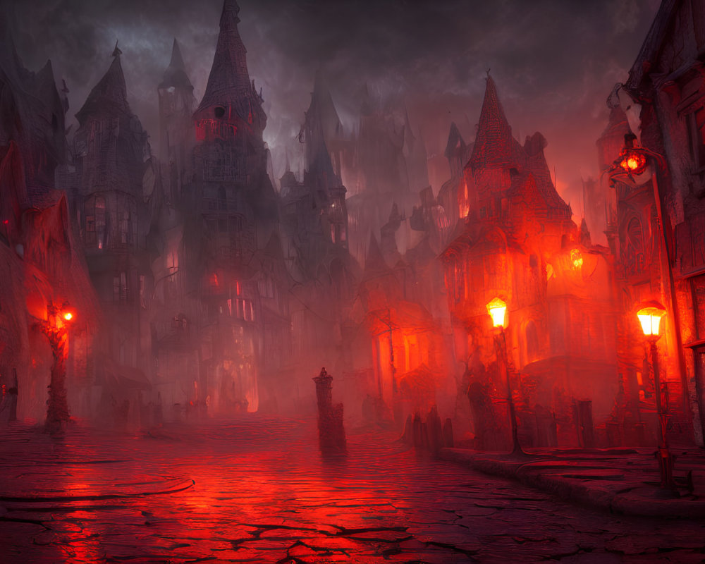 Gothic architecture and red lanterns in foggy street