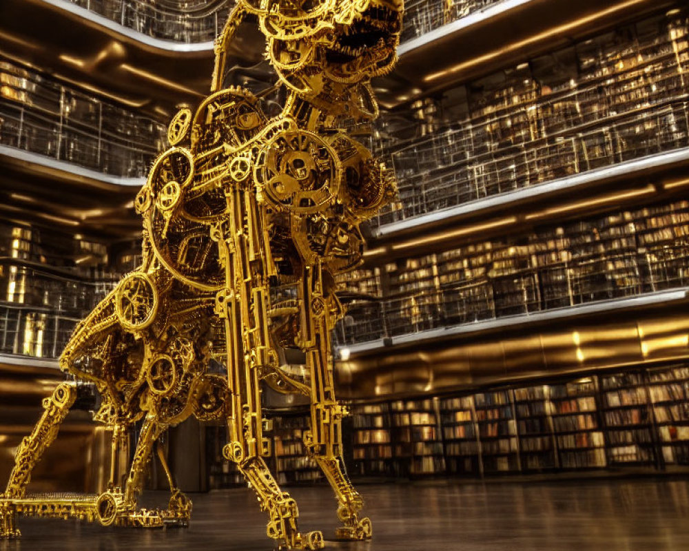 Intricate Golden Mechanical Lion Sculpture in Library