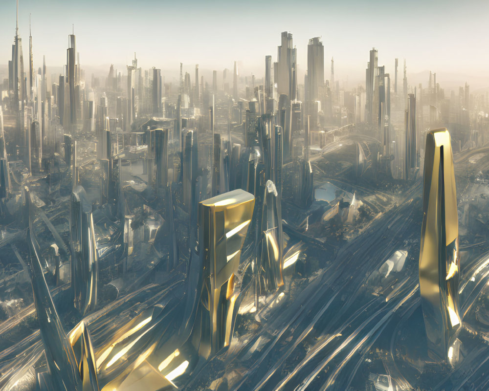 Golden sunlight illuminates futuristic cityscape with skyscrapers and highways
