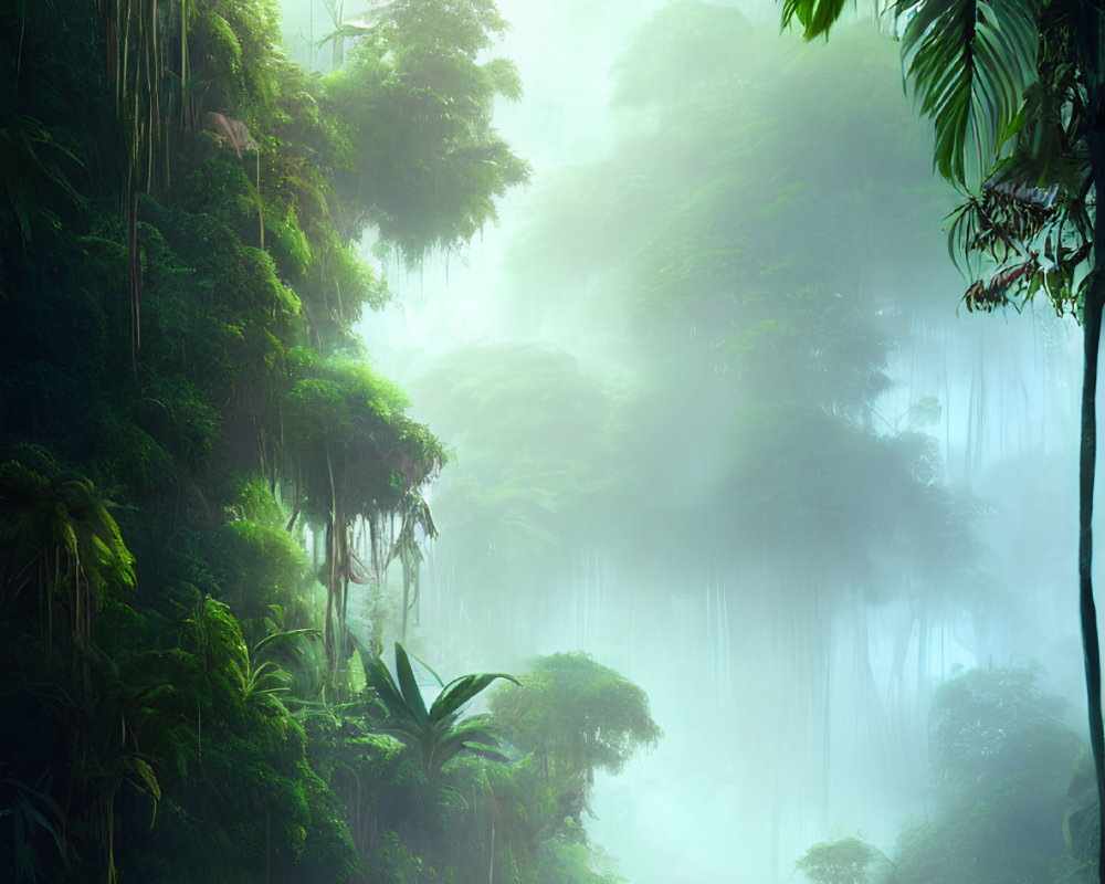 Misty rainforest with lush greenery and fog-covered trees