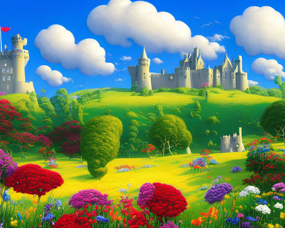 Colorful Landscape with Fairy-Tale Castle on Green Hill