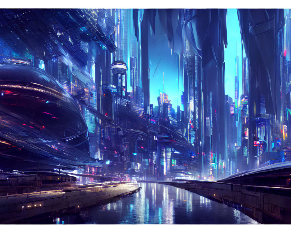 Futuristic cityscape with skyscrapers, neon lights, and twilight sky