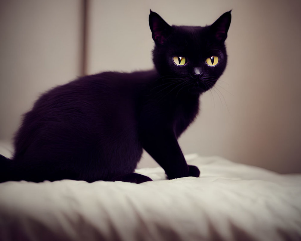 Black Cat with Striking Yellow Eyes on White Bedspread