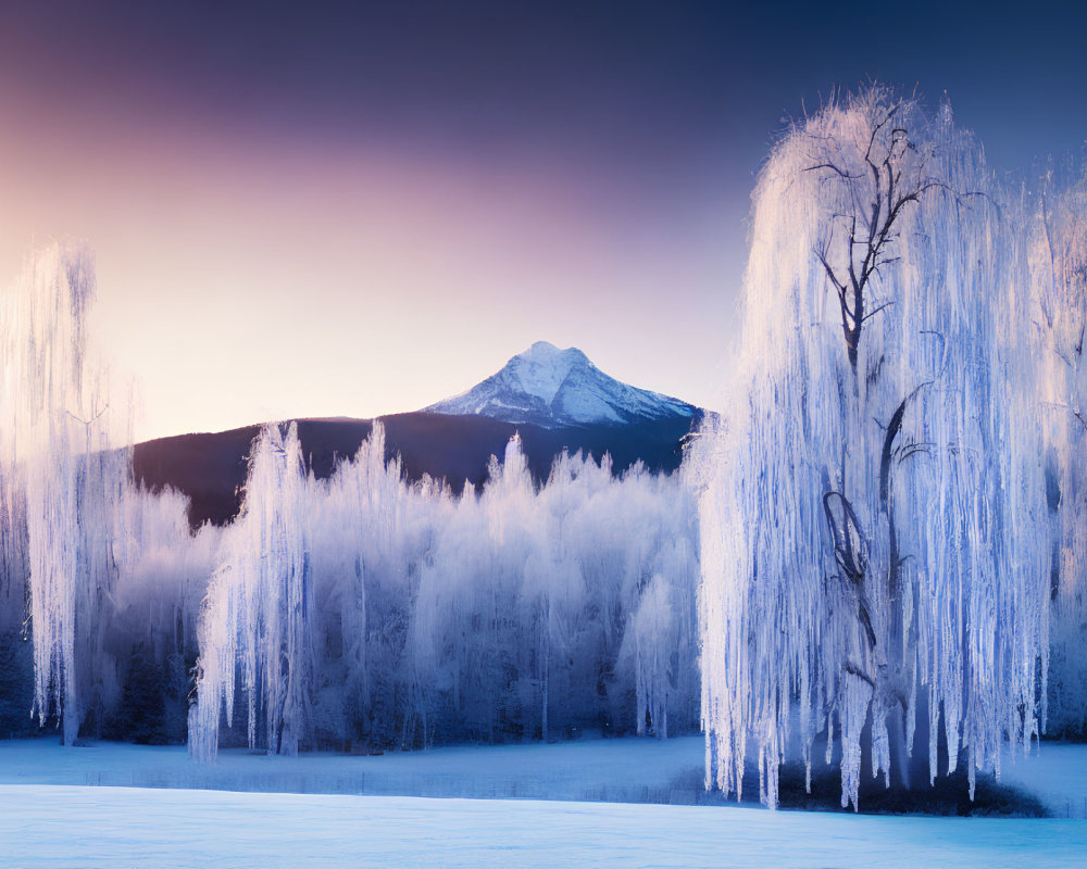 Winter landscape: snow-covered trees, icy branches, mountain peak, gradient dawn sky