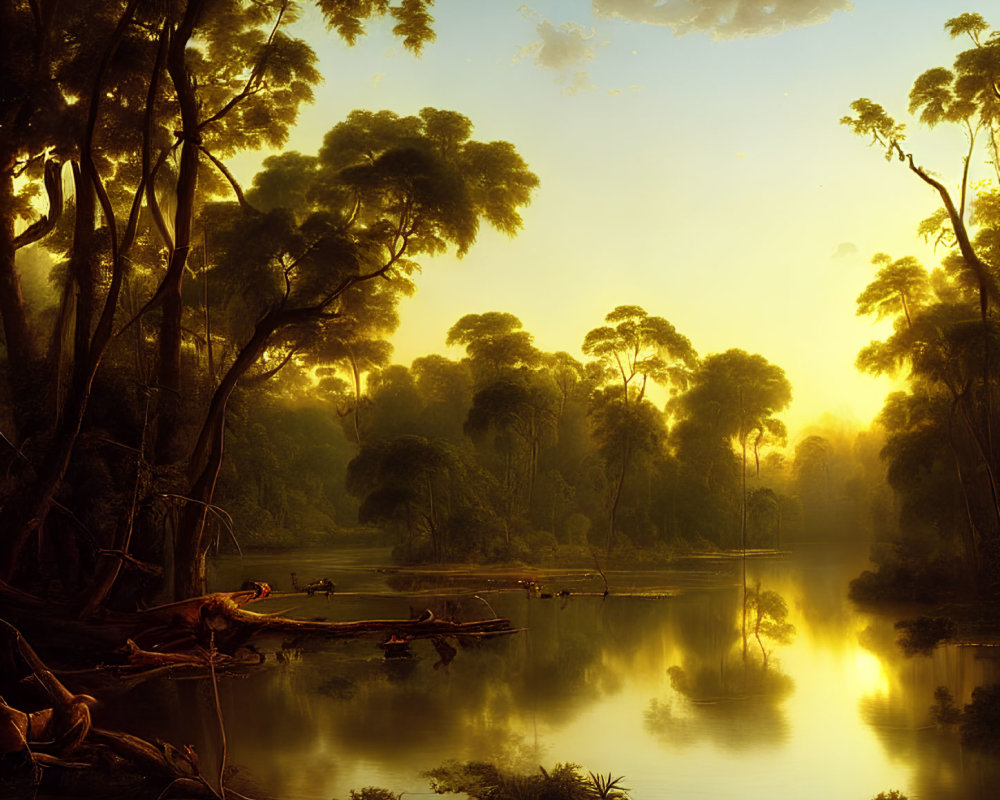 Tranquil golden landscape with calm river and lush trees